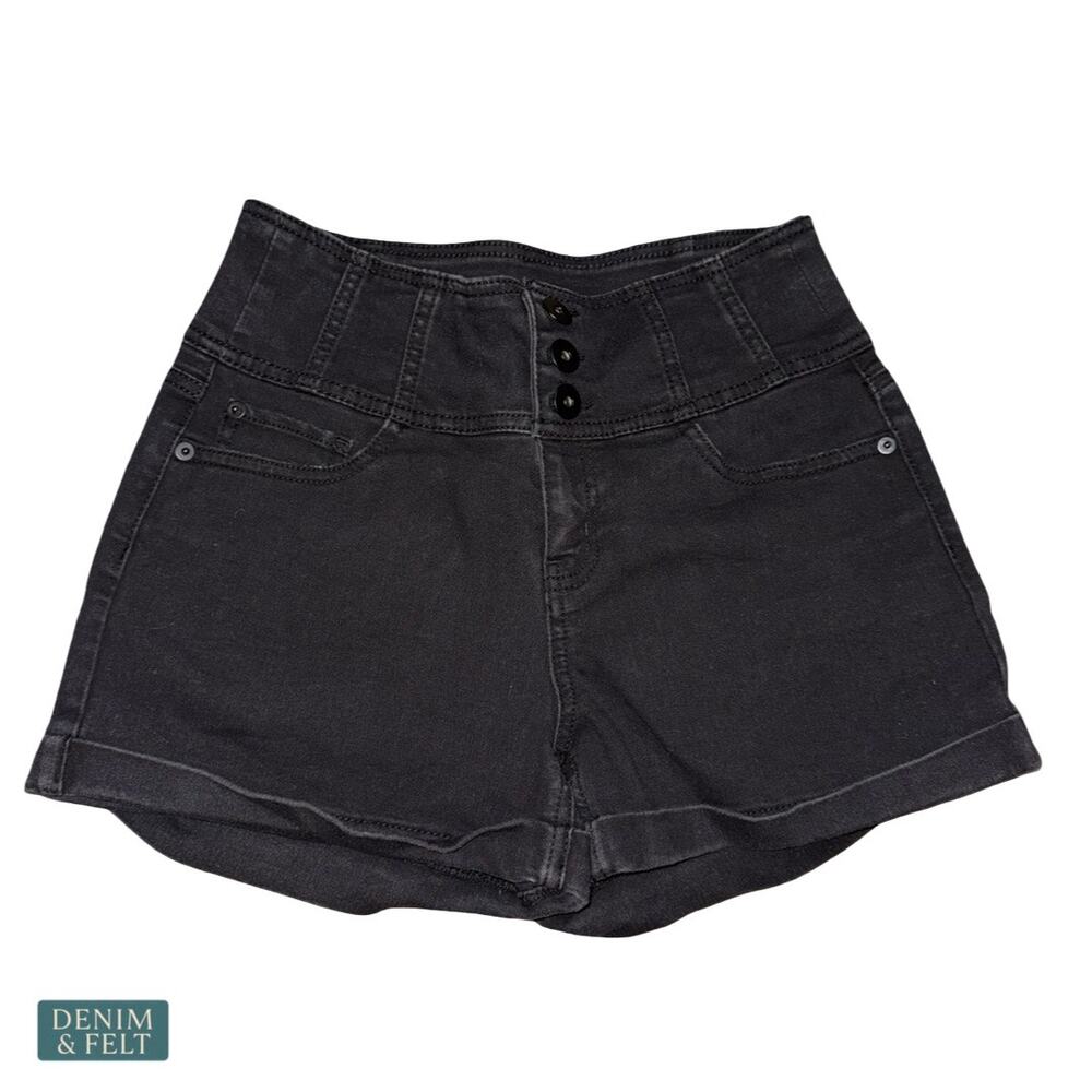 No Boundaries Black High Rise Denim Shorts Button Fly Minimal Chic‎ 9